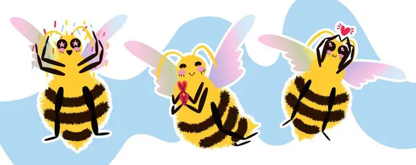 Bir dizi mutlu çizgi film arısı. Farklı renklerde kanatları olan tüylü arı karakterleri kutlamalara katılıyor ve kalpleri tutuyor. Vektör illüstrasyonu