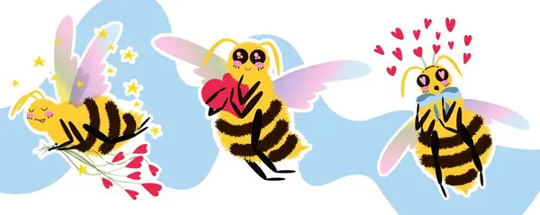 Bir dizi şirin çizgi film arısı. Farklı renklerde kanatları olan tüylü arı karakterleri romantik poz verir, uçar ve kalbi tutar, çiçekler. Vektör illüstrasyonu