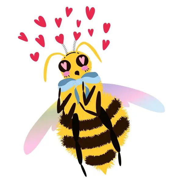 Gökkuşağı renkli kanatlı, kalpleriyle uçan tüylü ve romantik arı karakteri. Şirin ve anlamlı çizgi film Bee. Tuhaf ve stilize edilmiş izole vektör çizimi