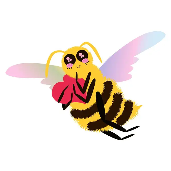 Renkli kanatlı, uçan ve kocaman kalbi olan tüylü arı karakteri. Romantik ve şirin çizgi film Bee vektör çizimleri. İzole edilmiş
