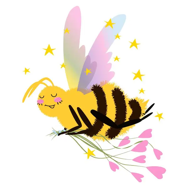 Renkli kanatlı, uçan ve yıldızlı kalpleri tutan tüylü arı karakterleri. Romantik ve şirin çizgi film Bee vektör çizimleri. İzole edilmiş