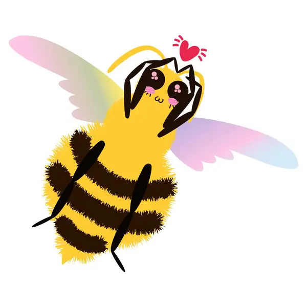 Gökkuşağı renkli kanatlı, uçan ve kalbi tutan sevimli arı karakteri. Romantik, tüylü ve şirin çizgi film Bee. Tuhaf ve stilize edilmiş izole vektör çizimi