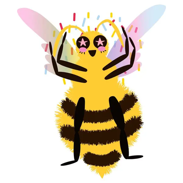 Renkli kanatlı Pofuduk Arı karakteri kutlama yapıyor. Tuhaf ve şirin çizgi film Bee vektör çizimleri. İzole edilmiş