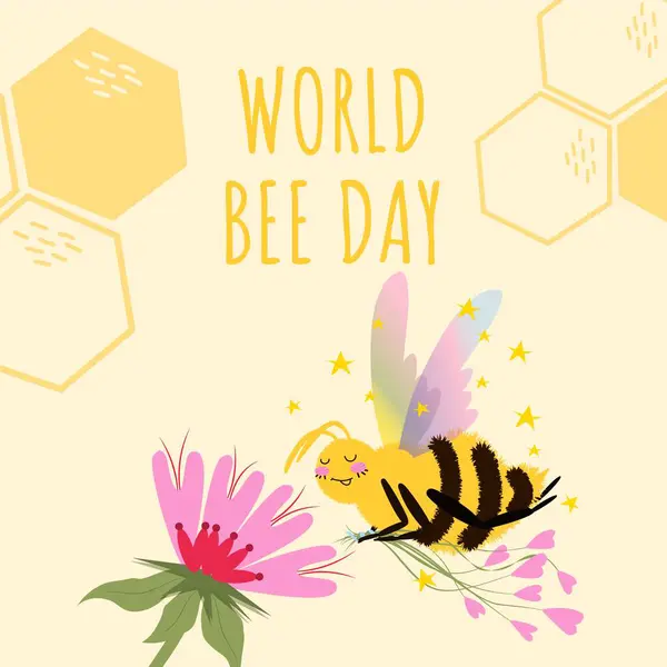 Dünya Arı Günü vektör illüstrasyonunda şirin arı, çiçek, bal peteği. Pankart, poster, web, el ilanı için kare şablon kavramı