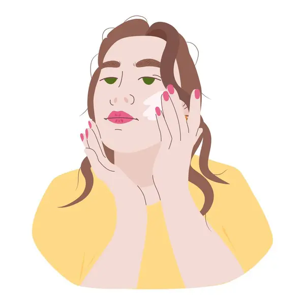 Genç, güzel bir kadın yüzüne krem sürüyor. Günlük cilt bakım rutinleri olan bir kadın. Sağlıklı yaşam tarzı damgası. Düz modern tarzda minimalist vektör çizimi. İzole edilmiş