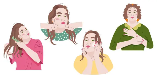 Her gün güzelliği olan özgüvenli kadınlar. Saç fırçalama, cilt bakımı, yüz masajı ve rahatlama. Sağlıklı yaşam tarzı damgası. Düz biçimli minimalist vektör illüstrasyonu