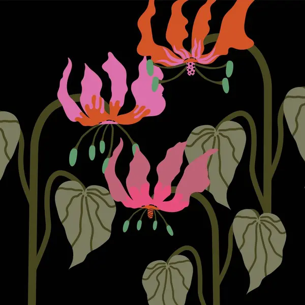 Üç stilize tropik alev zambağı kompozisyonu. Elle çizilmiş egzotik çiçek Gloriosa Superba. Moda baskıları, duvar kağıtları, dekoratif unsurlar için koyu arkaplan üzerine vektör illüstrasyonu