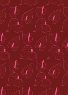 Kusursuz desenli egzotik Anthurium. Zarif botanik çiçekleri ve koyu kırmızı arka planda çizgi çizgisi olan tropik çiçek örneği. Moda baskısı için vektör illüstrasyonu, ev dekorasyonu, ambalaj kağıdı