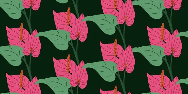 Şarbonlu ve yeşil yapraklı kusursuz tropikal desen. Zarif botanik arka planı ve pembe çiçekleri var. Moda baskısı, duvar kağıdı, kumaş, ambalaj kağıdı için modern vektör çizimi