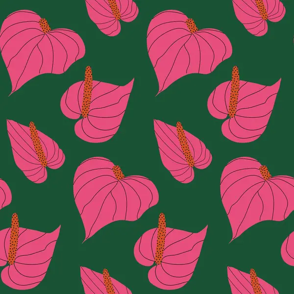 Kalp şeklinde Anthurium 'da pürüzsüz desen. Pembe çiçekleri ve kekemeliği olan parlak botanik yeşil bir arka plan. Moda baskısı, duvar kağıdı, kumaş, ambalaj kağıdı için basit vektör çizimi