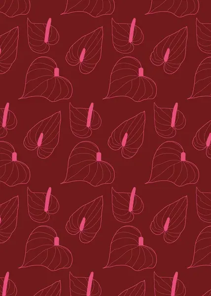 Kusursuz desenli egzotik Anthurium. Zarif botanik çiçekleri ve koyu kırmızı arka planda çizgi çizgisi olan tropik çiçek örneği. Moda baskısı için vektör illüstrasyonu, ev dekorasyonu, ambalaj kağıdı