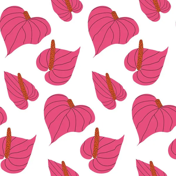 Kalp şeklinde Anthurium 'da pürüzsüz desen. Pembe çiçekli ve erkeksi parlak bir botanik geçmişi var. Moda baskısı, duvar kağıdı, kumaş, ambalaj kağıdı için basit vektör çizimi