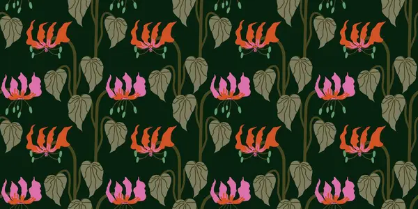 Esmer arka planda egzotik Alev Zambağı olan kusursuz bir desen. Zarif botanik çiçekleri ve yaprakları olan tropik bir çiçek. Moda baskısı, kumaş, ev dekorasyonu, ambalaj kağıdı için şık vektör çizimi