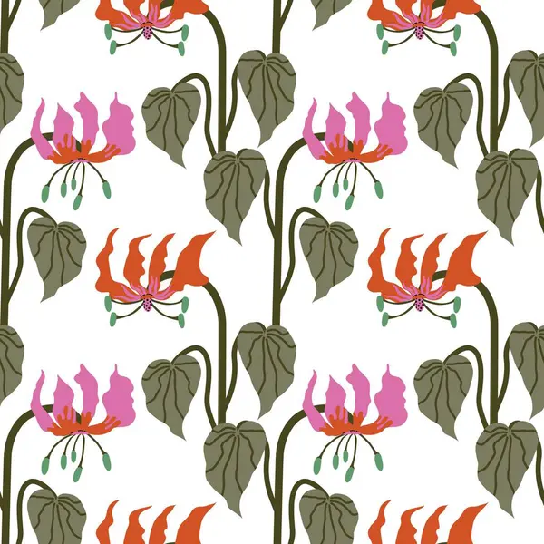 Egzotik Ateş Zambağı ile kusursuz desen. Zarif botanik çiçekleri ve yaprakları olan tropik bir çiçek. Moda baskısı, kumaş, ev dekorasyonu, ambalaj kağıdı için şık vektör çizimi