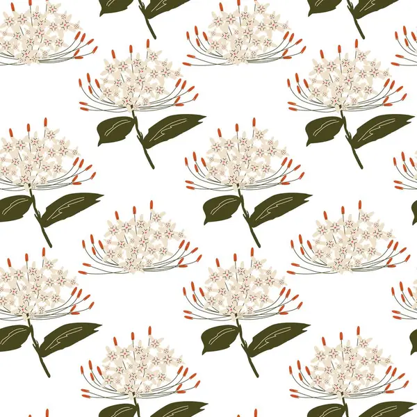 Tropik çiçekli ve yeşil yapraklı kusursuz çiçek deseni. Pastel renklerde şık botanik tasarımı. Kumaş baskılar, duvar kağıtları ve kırtasiye malzemeleri için ideal. Modern vektör illüstrasyonu