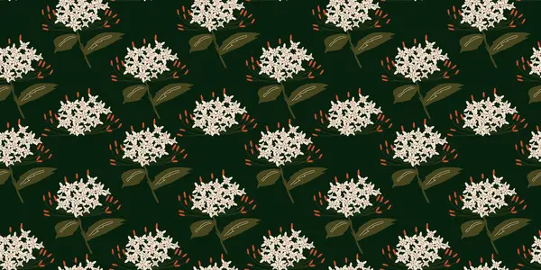 Zarif botanik çiçekleri ve yaprakları olan koyu tropikal çiçek deseni. Moda baskıları, ev dekorasyonu ve ambalaj kağıtları için kusursuz bir tasarım. Düz vektör illüstrasyonu