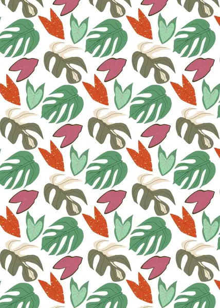 Renkli Canavar ve Caladium yapraklı kusursuz desen. Botanik yapraklı tropik bir arka plan. Moda baskıları, tekstil, duvar kâğıdı, iç tasarım için düz bir illüstrasyon