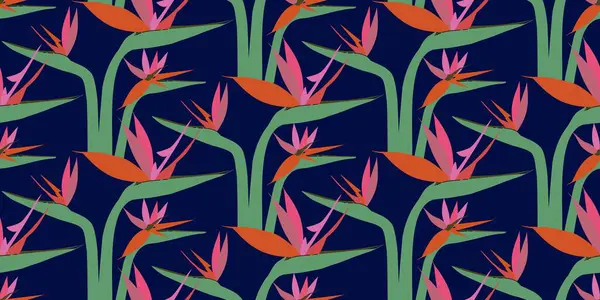 Cennet Kuşu çiçekleriyle kusursuz desen. Egzotik el yapımı Strelitzia ile tropik koyu renkli arka plan. Moda baskıları, tekstil, duvar kağıtları için düz bir vektör çizimi