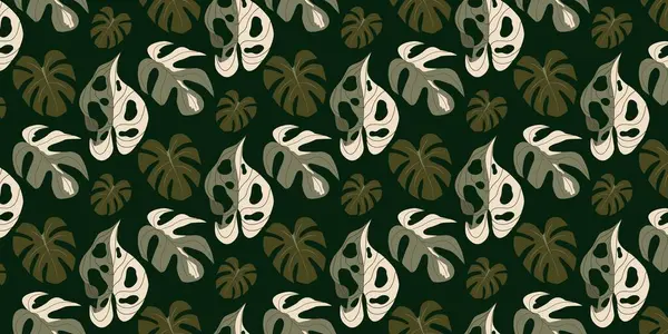 Monstera yapraklarıyla kusursuz desen. Yeşil ve bej yapraklı tropik, egzotik, koyu bir arka plan. Moda baskıları, tekstil, duvar kağıdı ve iç tasarım için modern vektör çizimi
