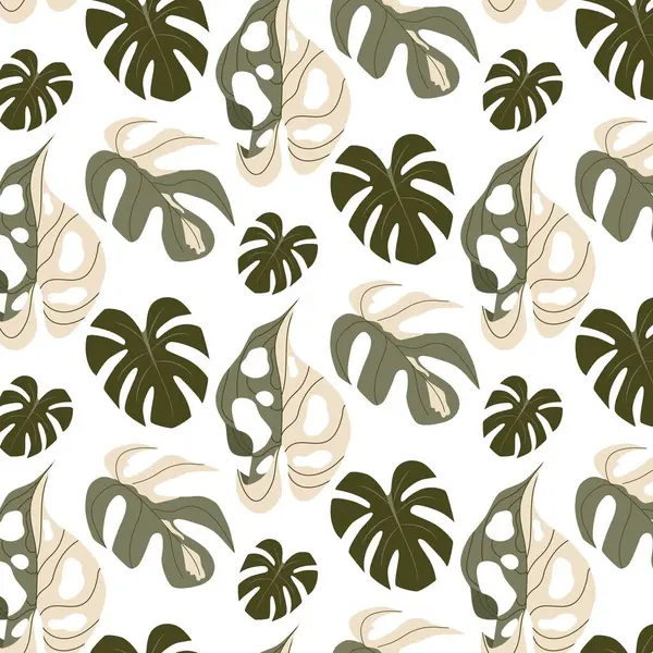 Monstera yapraklarıyla kusursuz desen. Yeşil yemyeşil ve bej yapraklı tropik egzotik bir arka plan. Moda baskıları, tekstil, duvar kağıdı ve iç tasarım için modern vektör çizimi