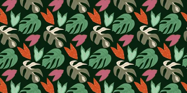 Renkli Canavar ve Caladium yapraklı kusursuz desen. Botanik yapraklı tropik koyu bir arka plan. Moda baskıları, tekstil, duvar kâğıdı, iç tasarım için düz bir illüstrasyon