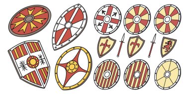 Ortaçağ Kalkan Koleksiyonu AI 15 Viking, Knight, ve Crusader Kalkanları Tarihi Zırh, Savaş Amblemleri, ve Savaş, Savaşçılar ve Fantezi Tasarımları için Heraldry Vektör İlülasyonu