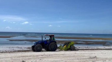 Bir traktör kumlu sahili temizler, enkaz, yosun ve parlak güneş ışığının altındaki çöpleri toplar. Turkuaz okyanus arka planda parıldıyor ve insan çabalarının bir araya geldiği uyumlu bir sahne yaratıyor.