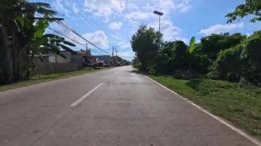 Güneşli bir günde sakin bir banliyö yolu, bereketli palmiye ağaçları ve modern binalarla çevrili, açık mavi gökyüzü ve minimum trafiği olan. Barışçıl mahalleleri, tropikal ortamları veya