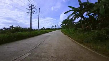 Düz bir beton yol, açık mavi gökyüzünün altında, dağınık bulutlarla yemyeşil çayırlarda uzanır. Uzun palmiye ağaçları ve elektrik hatları yol kenarında sakin bir kırsal atmosfer yaratıyor.