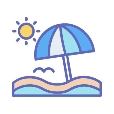 Basit bir uçak vektörü, bir plajın temiz ve minimal stil düz ikon illüstrasyonunda zirvesine çıkıyor..