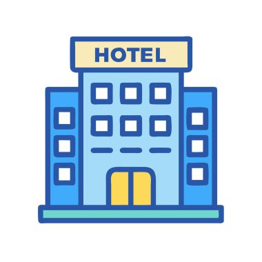 Basit bir uçak vektörü, bir otelin temiz ve minimal stil düz ikon illüstrasyonunda yer alır..