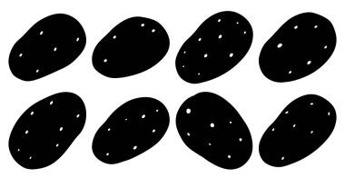 Sekiz el çizilmiş patates siluetleri. Yemek çizimleri, menüler ya da çiftlik temalı tasarımlar için mükemmel..