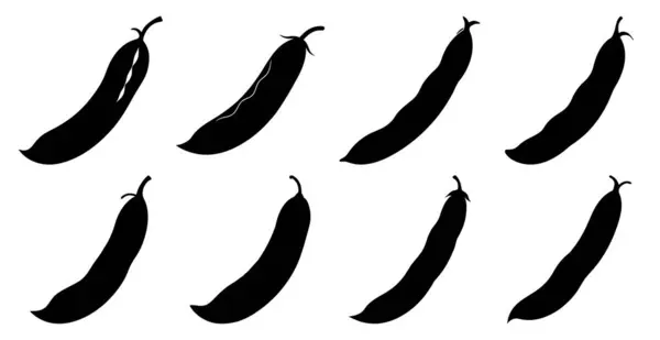 Çeşitli pozisyonlarda siyah bezelye kabuğu silueti koleksiyonu. Yemek, tarım ya da sağlıklı yemek tasarımları için mükemmel..