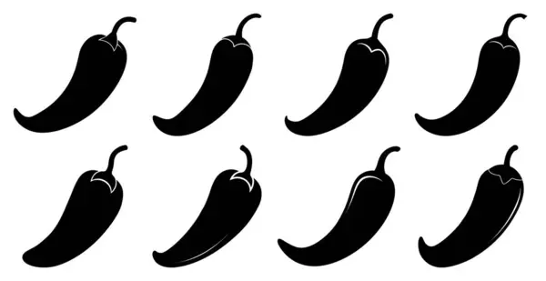Beyaz arka planda izole edilmiş sekiz siyah biber silueti koleksiyonu. Baharatlı yemek logoları, menüler ya da mutfak tasarımları için mükemmel..