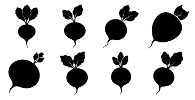 Pancar silueti koleksiyonu, çeşitli şekiller ve beyaz arka planda izole edilmiş siyah pancar kökü simgeleri. Sağlıklı yiyecekler, çiftlik ya da vegan tasarımlar için mükemmel..