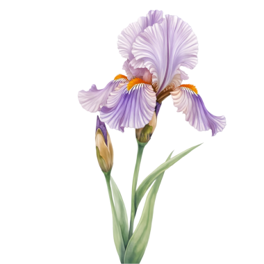 Yeşil saplı açık mor bir iris çiçeğinin tasviri ve bitki tasarımı veya çizimleri için mükemmel olan şeffaf bir arkaplanda bir tomurcuk izole edilir..