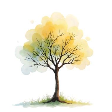 Sonbahar renkli yaprakları olan bir ağacın suluboya çizimi, sanatsal projeler ve doğa temalı tasarımlar için kullanılan koyu bir zemin üzerinde zarif bir şekilde duruyor..