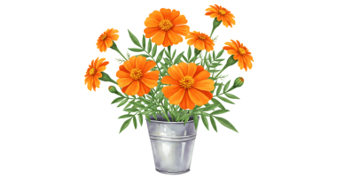 A vibrant bouquet of orange marigold flowers with green leaves in a silver metal pot on a transparent background creating a lively and colorful visual suitable for floral and gardening marketing.