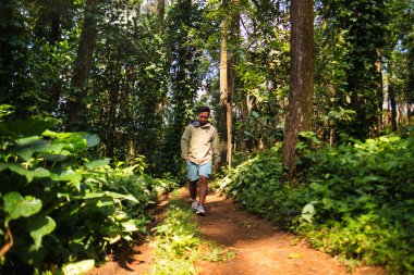 Yeşilliklerle çevrili sakin bir orman yolunda gezinen ve doğanın tadını çıkaran bir adam.
