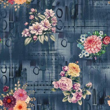 süslü, dikişsiz çiçek desenli yeni dijital baskı tekstil tasarımı