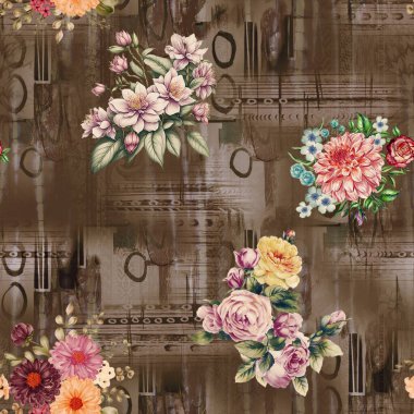 süslü, dikişsiz çiçek desenli yeni dijital baskı tekstil tasarımı