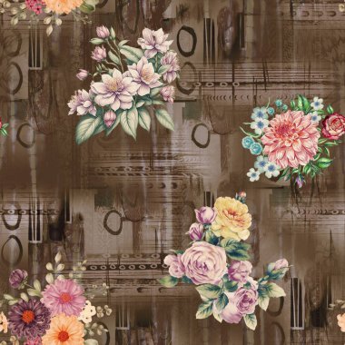 süslü, dikişsiz çiçek desenli yeni dijital baskı tekstil tasarımı