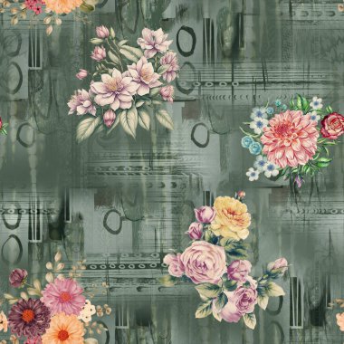 süslü, dikişsiz çiçek desenli yeni dijital baskı tekstil tasarımı