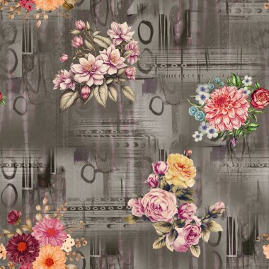 süslü, dikişsiz çiçek desenli yeni dijital baskı tekstil tasarımı