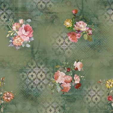 Etnik geometrik arkaplan baskısı ve çiçek izni 