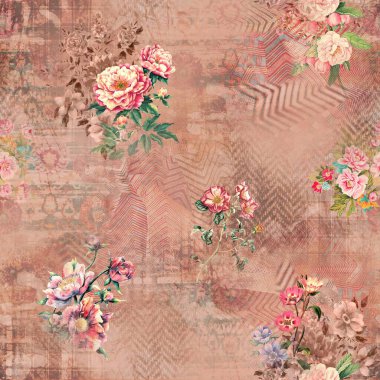 Etnik geometrik arkaplan baskısı ve çiçek izni 