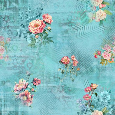 Etnik geometrik arkaplan baskısı ve çiçek izni 