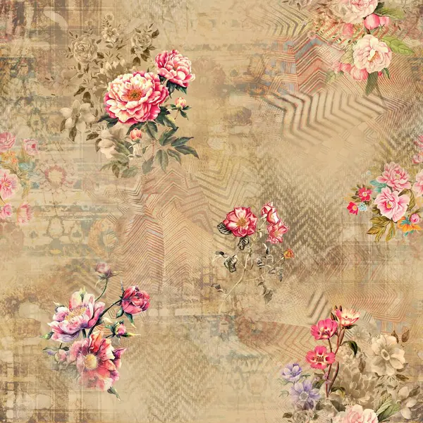 Etnik geometrik arkaplan baskısı ve çiçek izni 