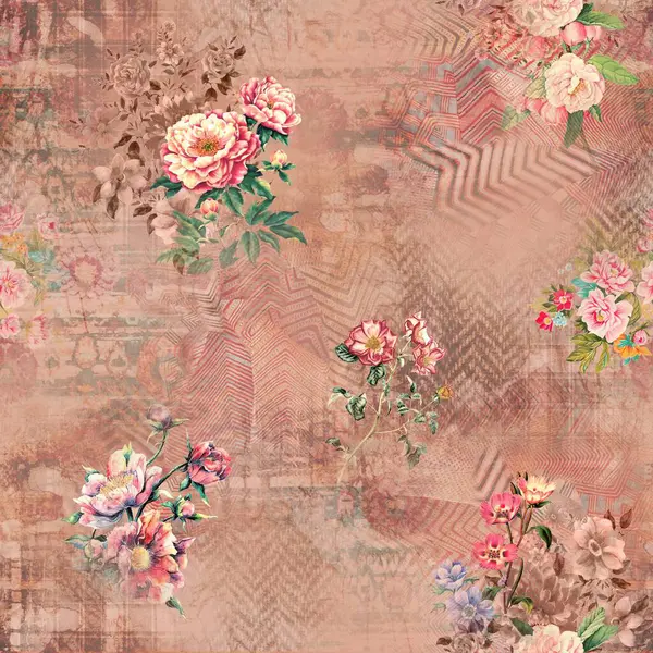 Etnik geometrik arkaplan baskısı ve çiçek izni 