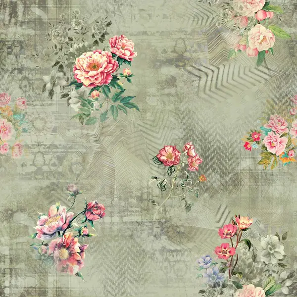 Etnik geometrik arkaplan baskısı ve çiçek izni 